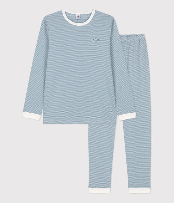 Pyjama milleraies fille / garçon en coton bleu ROVER/blanc MARSHMALLOW