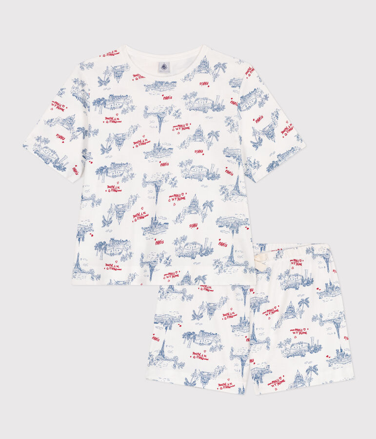 Pyjama short femme en coton imprim&eacute; Paris blanc MARSHMALLOW/blanc MULTICO