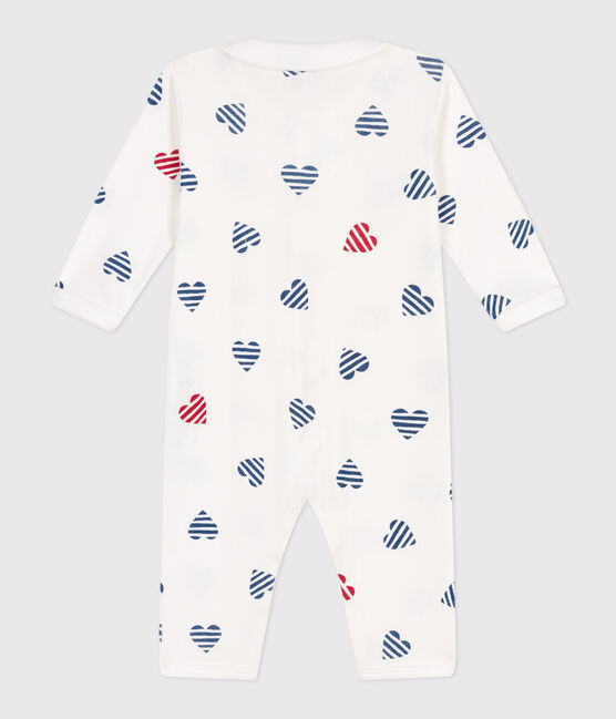 Pyjama bébé en coton sans pieds avec col cœur rayé blanc MARSHMALLOW/blanc MULTICO