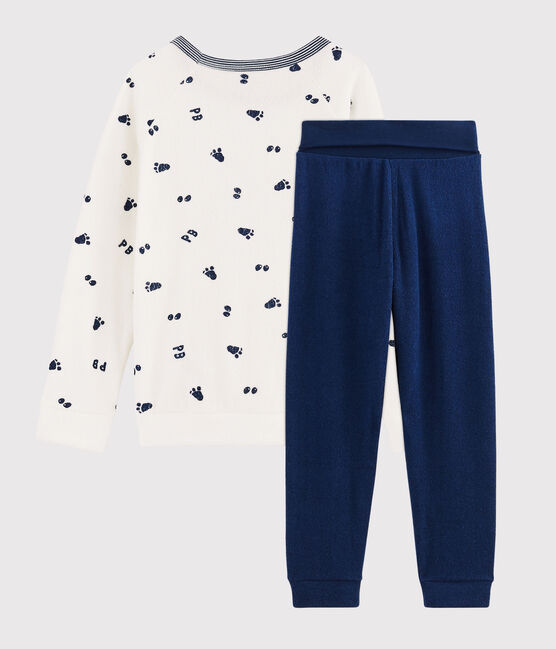 Pyjama petit garçon taille montante en bouclette éponge grattée blanc MARSHMALLOW/bleu MEDIEVAL