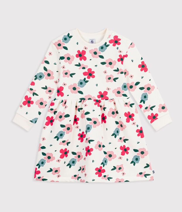 Robe enfant en coton manches longues &agrave; fleurs &eacute;cru/multicouleur