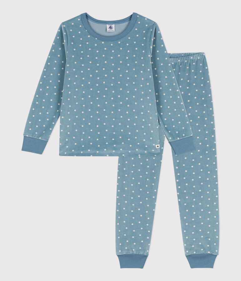 Pyjama &eacute;toile en velours enfant bleu/&eacute;cru