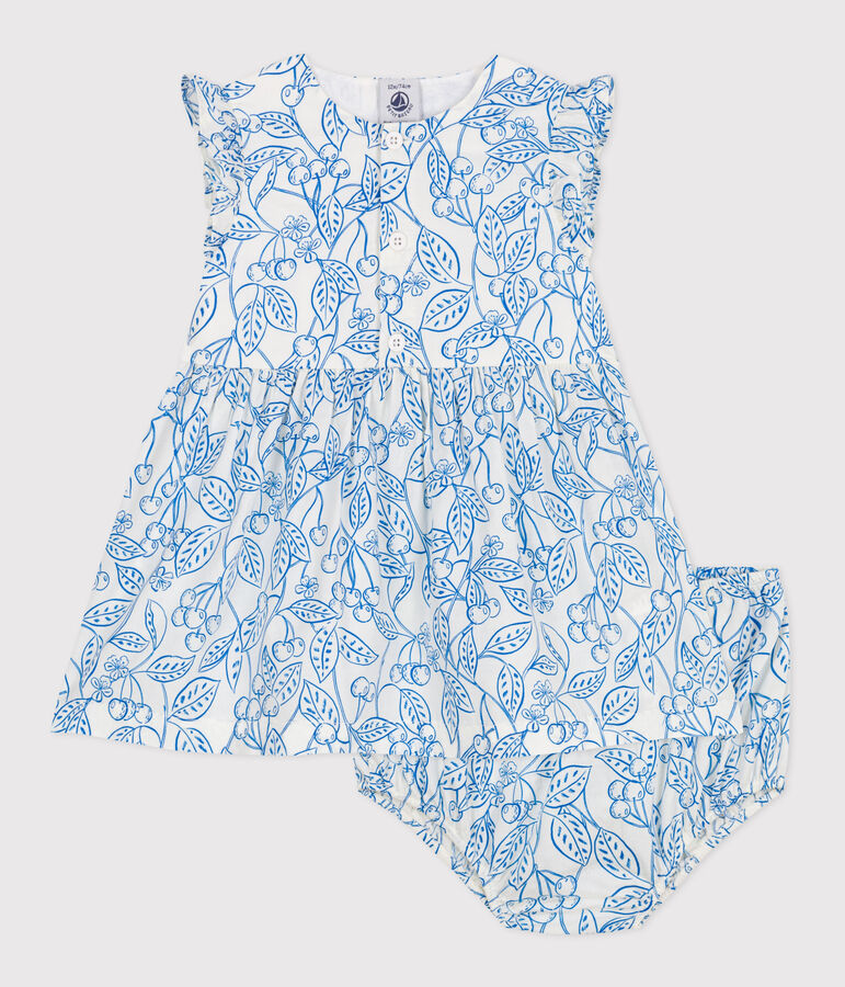 Robe b&eacute;b&eacute; en coton et son bloomer, imprim&eacute;s cerises bleues bleu MARSHMALLOW/ PORCELANA