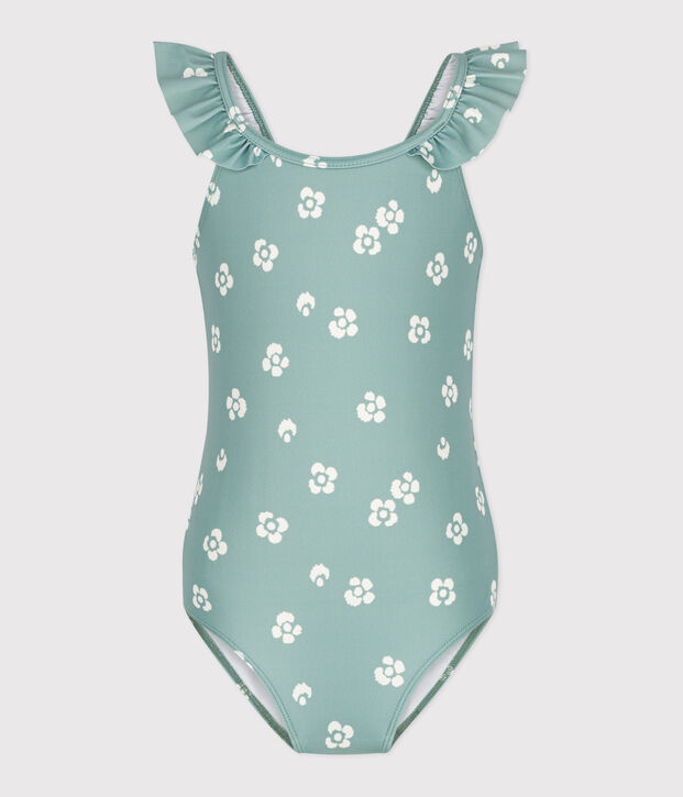 Maillot de bain une pi&egrave;ce enfant fleuri vert/blanc