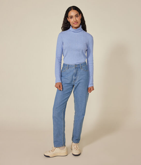 Tee-shirt l'iconique col roulé en côte fantaisie femme bleu SKY CHINE
