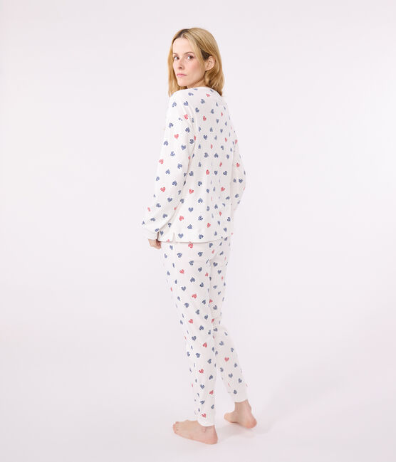 Pyjama femme en coton imprimé cœurs blanc MARSHMALLOW/blanc MULTICO