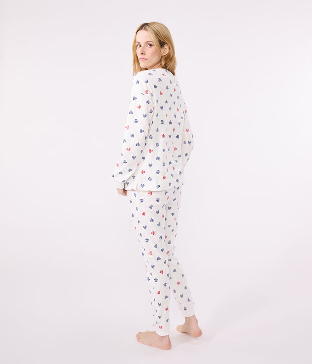 Pyjama femme en coton imprim&eacute; c&oelig;urs blanc/multicouleur