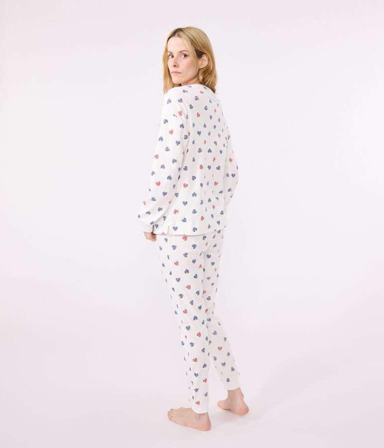 Pyjama femme en coton imprim&eacute; c&oelig;urs blanc MARSHMALLOW/blanc MULTICO