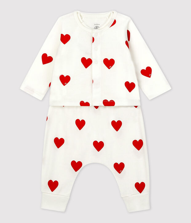 Ensemble 3 pi&egrave;ces imprim&eacute; c&oelig;ur en coton bio b&eacute;b&eacute; blanc/rouge