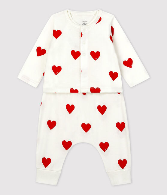 Ensemble 3 pièces imprimé cœur en coton bio bébé blanc MARSHMALLOW/rouge TERKUIT