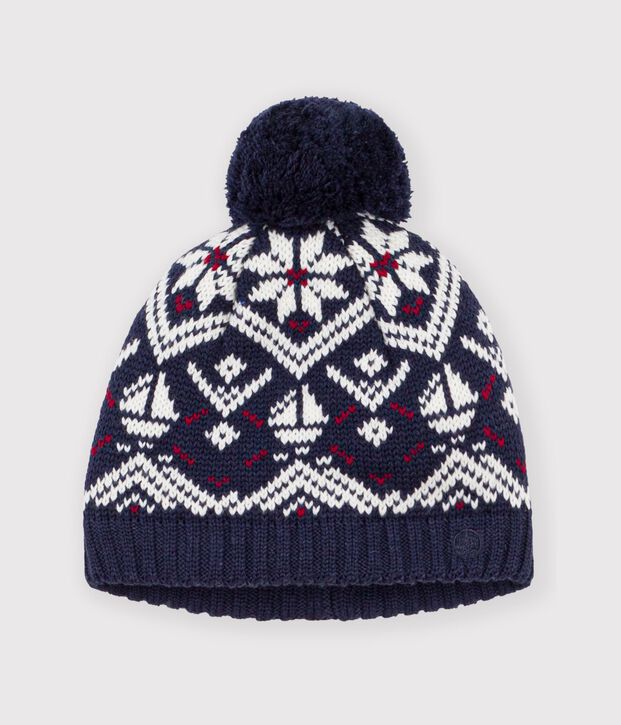 Bonnet b&eacute;b&eacute; jacquard en laine et coton doubl&eacute; polaire bleu/&eacute;cru/rouge