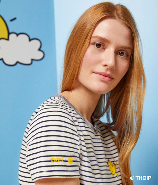 Tee-shirt L'Iconique Monsieur Madame en coton femme blanc MARSHMALLOW/bleu SMOKING