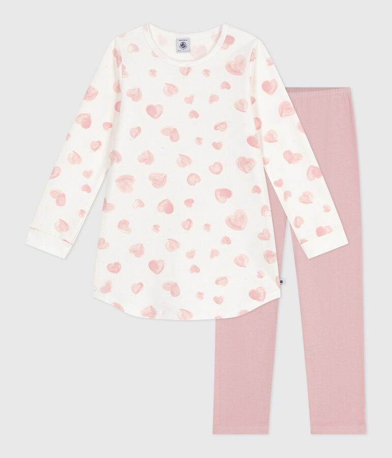 Chemise de nuit et legging enfant en molleton imprim&eacute; c&oelig;urs rose JOLI/blanc MULTICO