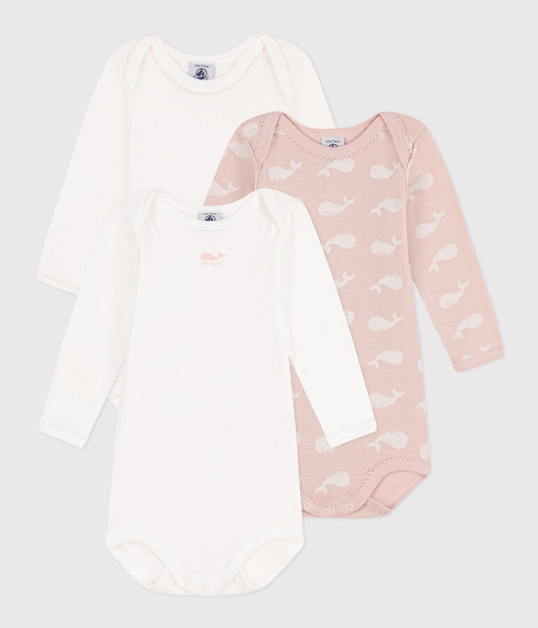 Lot de 3 bodies manches longues baleines roses en coton multicouleur