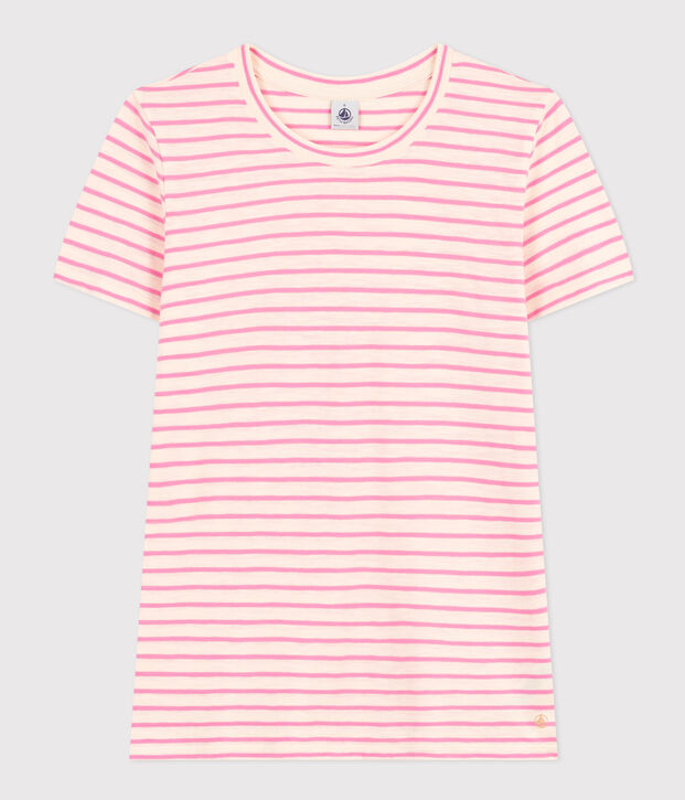 Tee-shirt Le Droit col rond en coton ray&eacute; femme &eacute;cru/rose