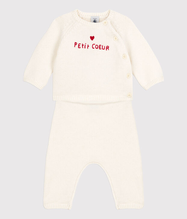 Ensemble 2 pi&egrave;ces b&eacute;b&eacute; en tricot laine et coton blanc