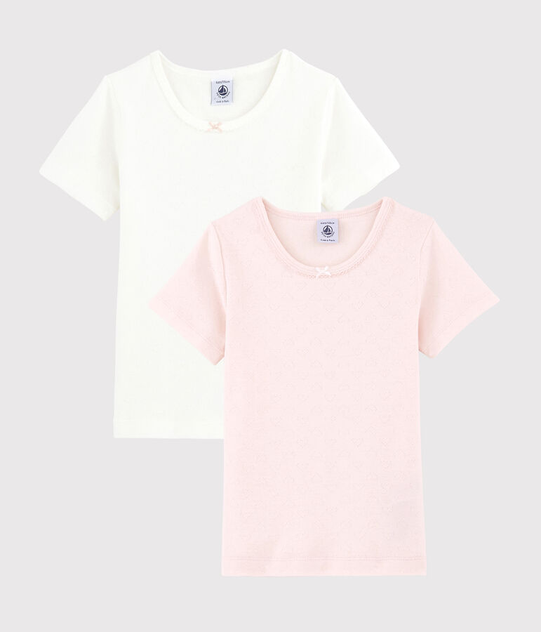 Lot de 2 tee-shirts manches courtes ajour&eacute;s pastel petite fille en coton biologique multicouleur