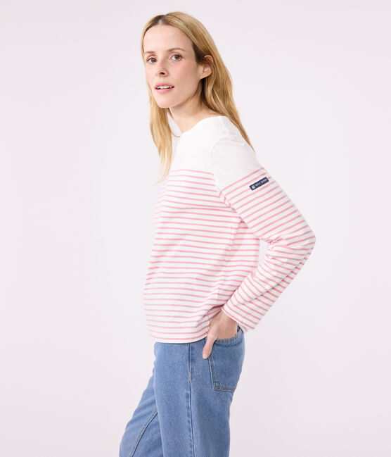 Teeshirt marinière femme en coton manches longues blanc MARSHMALLOW/rose CHARME