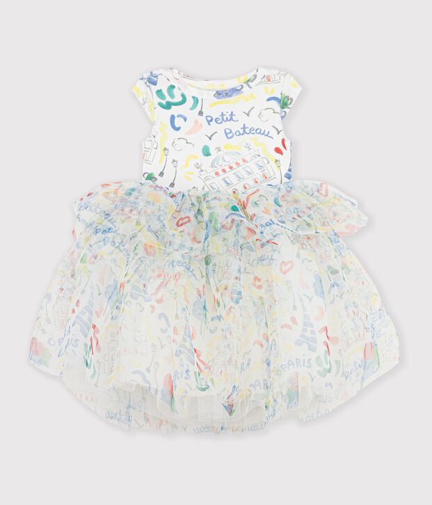Robe enfant manches courtes en coton et tulle imprim&eacute;e blanc/multicouleur