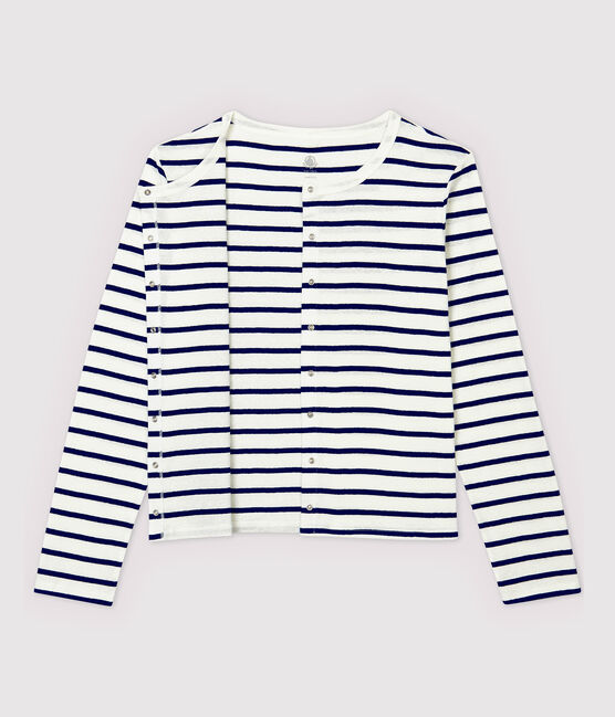 Cardigan en coton/lin rayé Femme blanc MARSHMALLOW/bleu MEDIEVAL