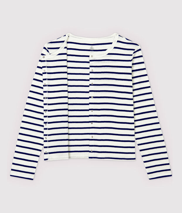 Cardigan en coton/lin ray&eacute; Femme blanc/bleu