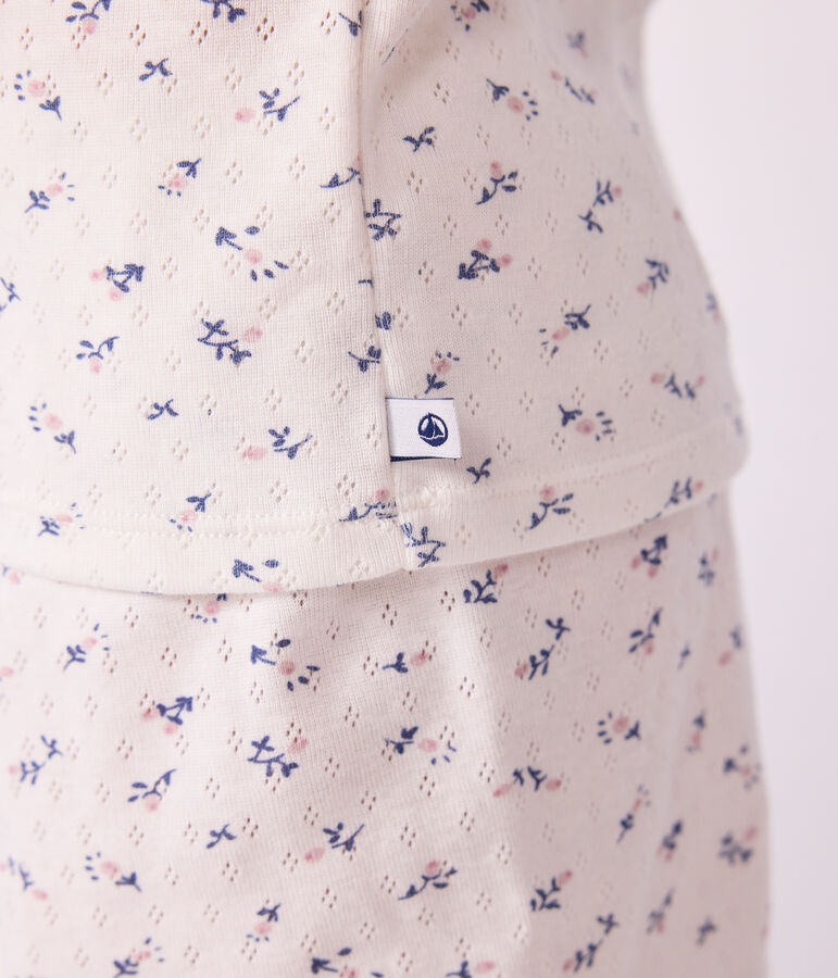 Pyjama short enfant en coton ajour&eacute; imprim&eacute; fleurs blanc MARSHMALLOW/blanc MULTICO