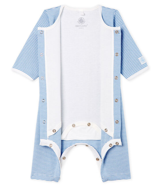 Bodyjama sans pieds bébé fille en côte bleu ACIER/blanc MARSHMALLOW