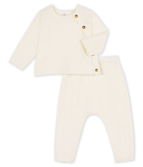 Ensemble deux pièces bébé en coton, laine mérinos et polyester blanc MARSHMALLOW