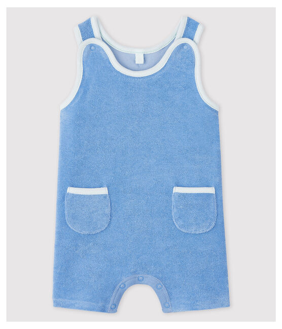 Salopette courte bleue bébé en bouclette éponge de coton biologique bleu EDNA