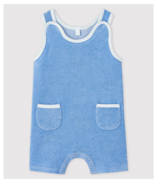 Salopette courte bleue b&eacute;b&eacute; en bouclette &eacute;ponge de coton biologique bleu