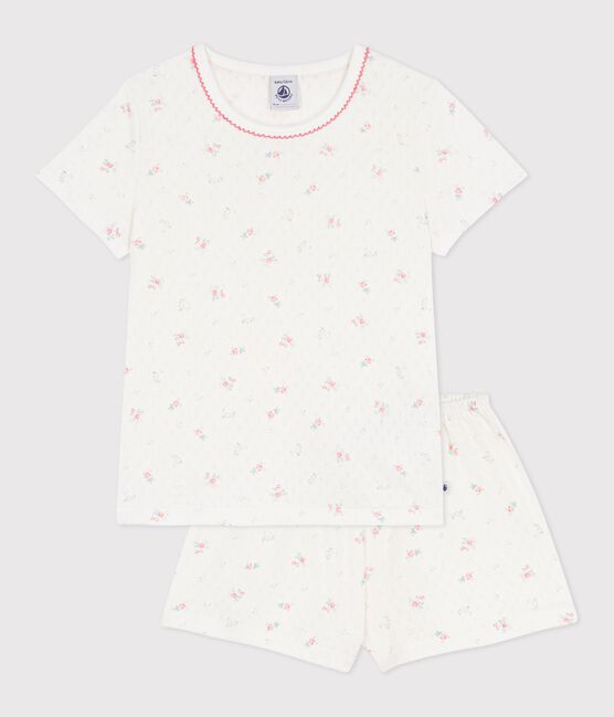 Pyjama short enfant en coton ajouré imprimé fleuri blanc MARSHMALLOW/blanc MULTICO