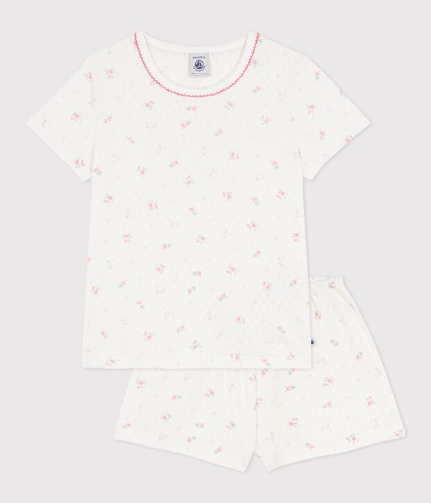 Pyjama short enfant en coton ajour&eacute; imprim&eacute; fleuri blanc/multicouleur