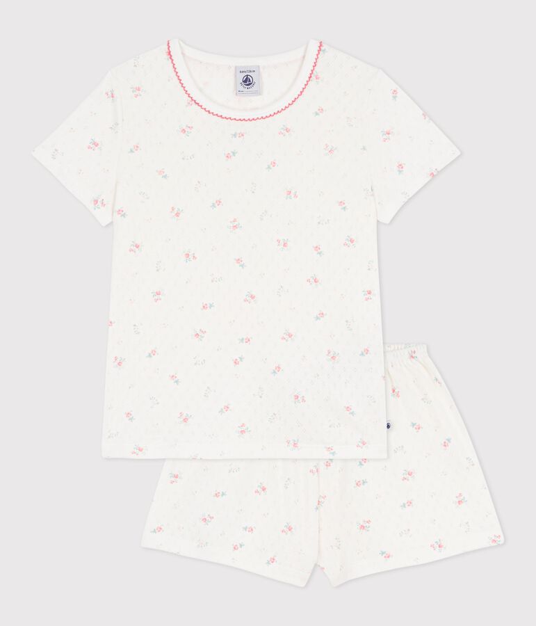 Pyjama short enfant en coton ajour&eacute; imprim&eacute; fleuri blanc MARSHMALLOW/blanc MULTICO
