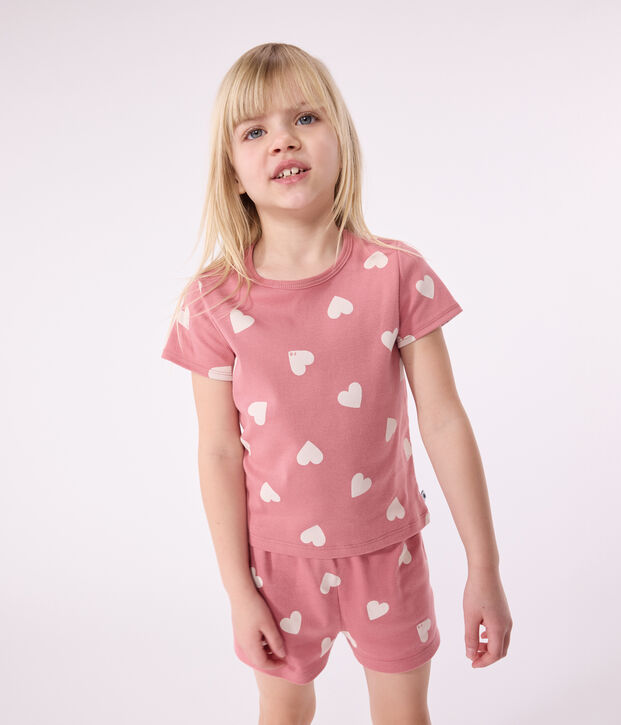 Pyjama short enfant en coton coeurs rose/blanc
