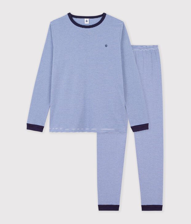 Pyjama enfant en coton &agrave; rayures bleu/blanc