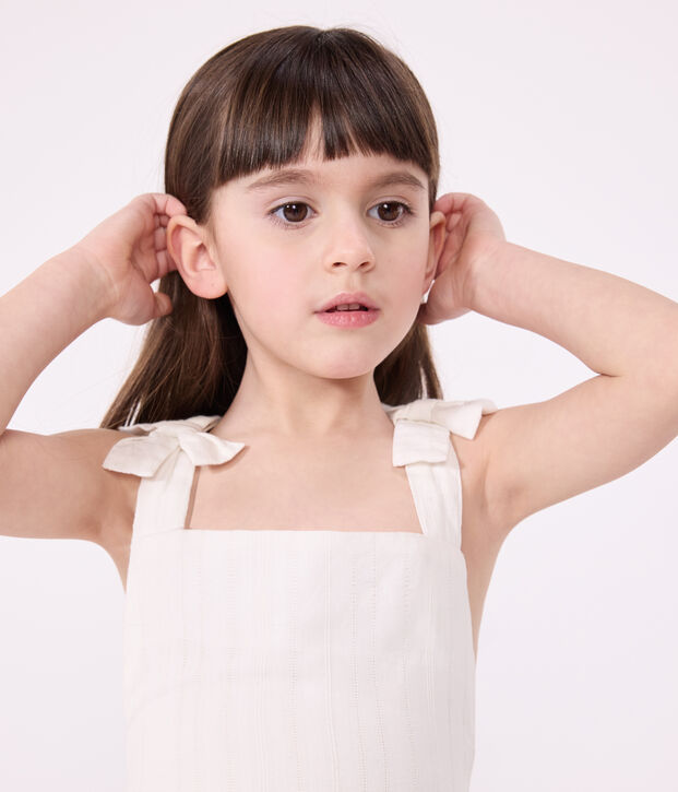 Robe longue &agrave; bretelles enfant en coton uni blanc