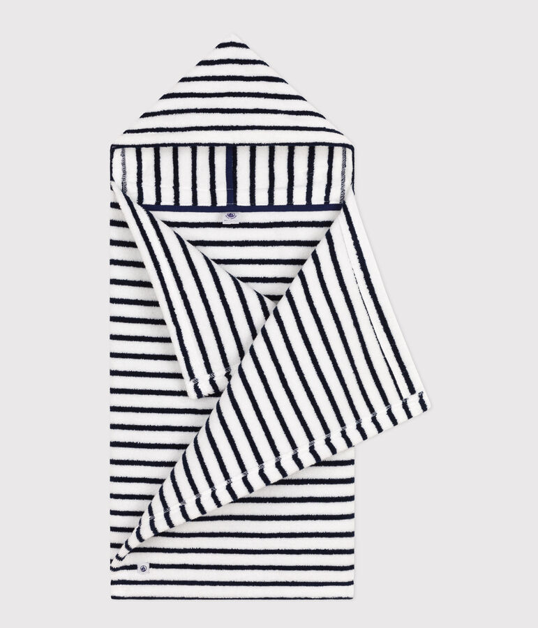 Cape de bain &agrave; rayures b&eacute;b&eacute; en &eacute;ponge blanc LAIT/bleu MEDIEVAL