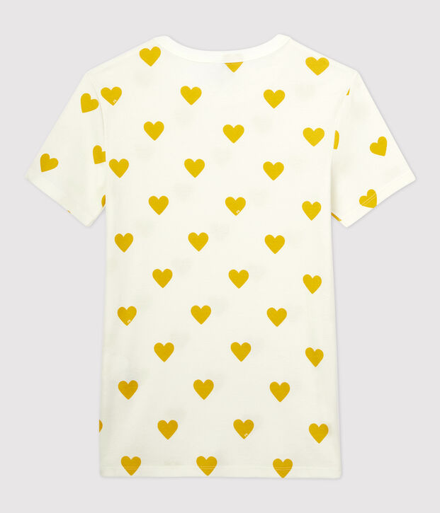 T-shirt col rond &agrave; coeurs en coton  Femme blanc/jaune