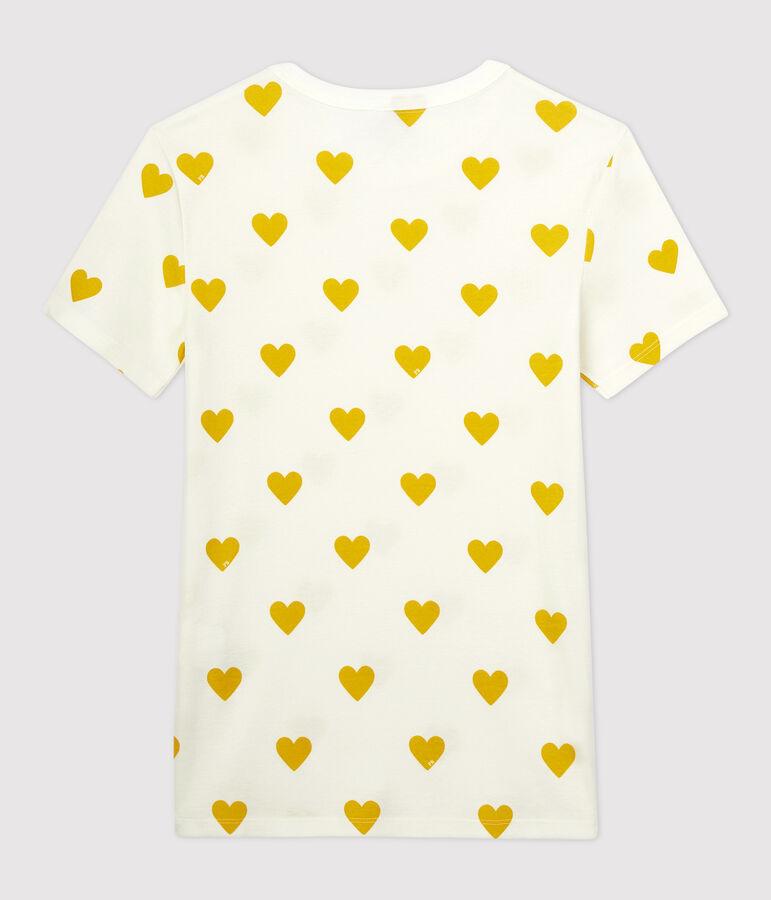 T-shirt col rond &agrave; coeurs en coton  Femme blanc MARSHMALLOW/jaune OCRE