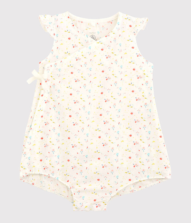 Combicourt fleuri b&eacute;b&eacute; fille en tubique chaine et trame en coton biologique blanc/multicouleur