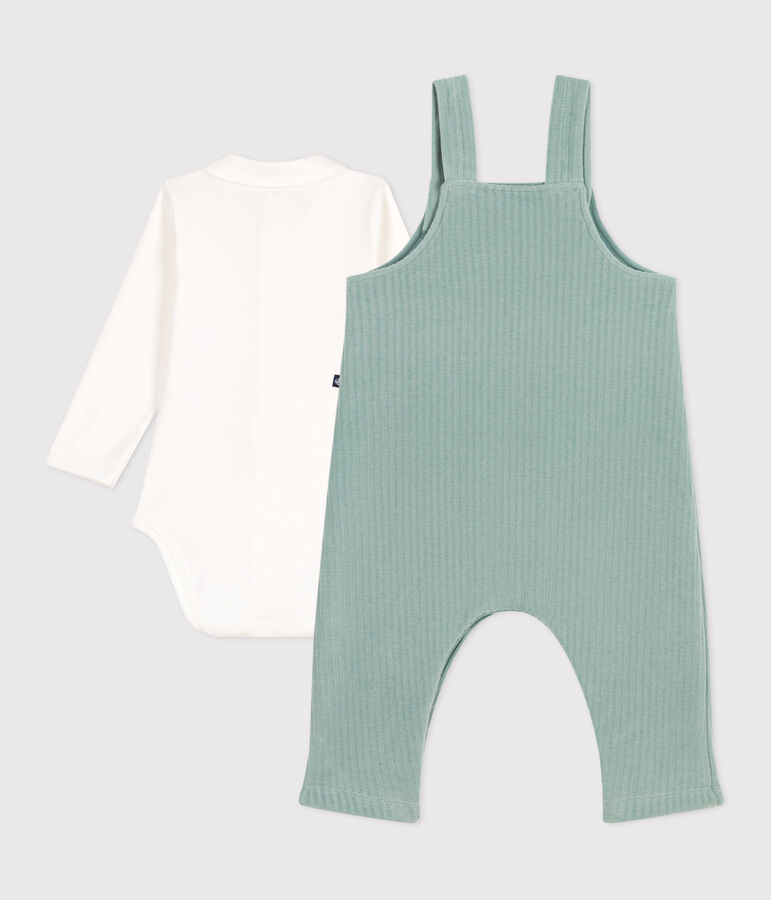 Ensemble naissance salopette et body brod&eacute; en coton vert PAUL