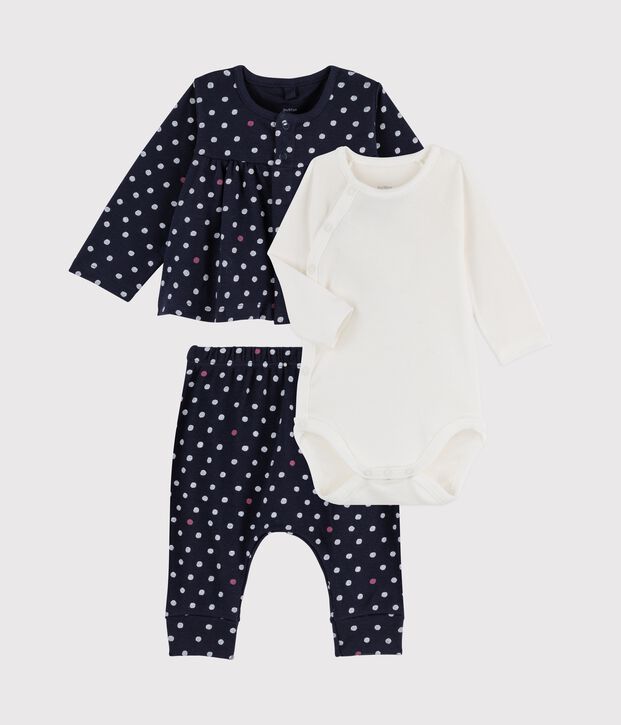 Ensemble 3 pi&egrave;ces b&eacute;b&eacute; fille en c&ocirc;te bleu/blanc/multicouleur