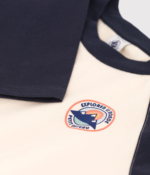 Tee-shirt manches longues en coton enfant gar&ccedil;on &eacute;cru/bleu