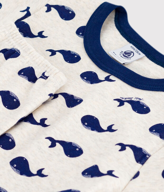 Pyjama enfant en coton manches courtes et jambes longues imprim&eacute; beige/bleu