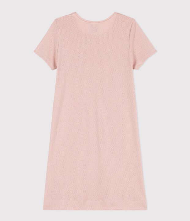 Chemise de nuit unie en coton ajour&eacute; petite fille rose
