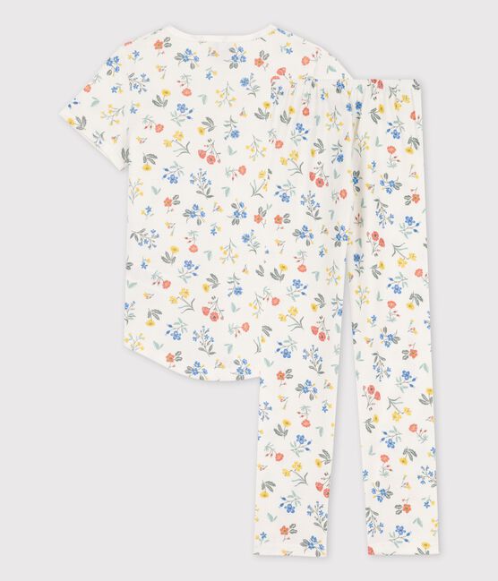 Pyjama manches courtes fleurs petite fille en coton blanc MARSHMALLOW/blanc MULTICO
