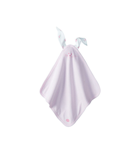 Doudou lapin bébé en côte blanc LAIT/rose PIVOINE