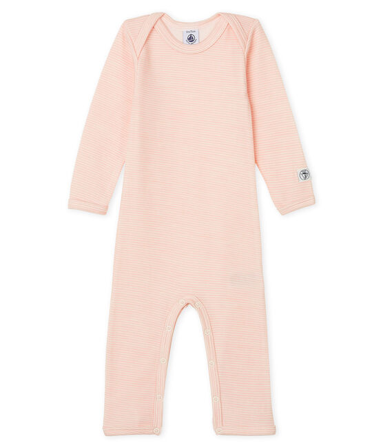 Body jambes longues bébé en laine et coton rose CHARME/blanc MARSHMALLOW