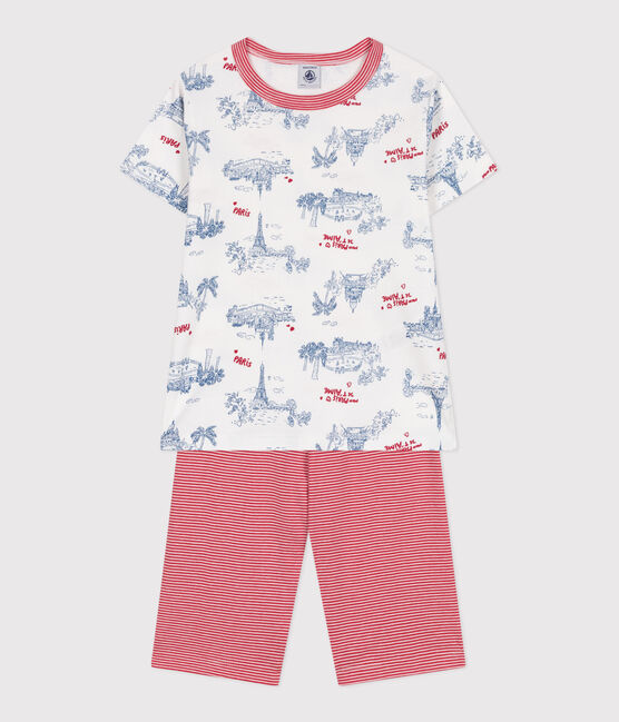 Pyjama short enfant en coton mi-long imprimé Paris blanc MARSHMALLOW/blanc MULTICO