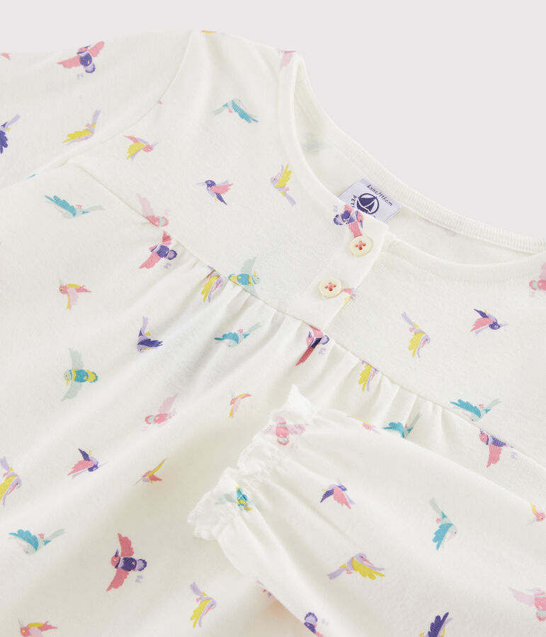Pyjama imprim&eacute; oiseaux petite fille en c&ocirc;te blanc/multicouleur